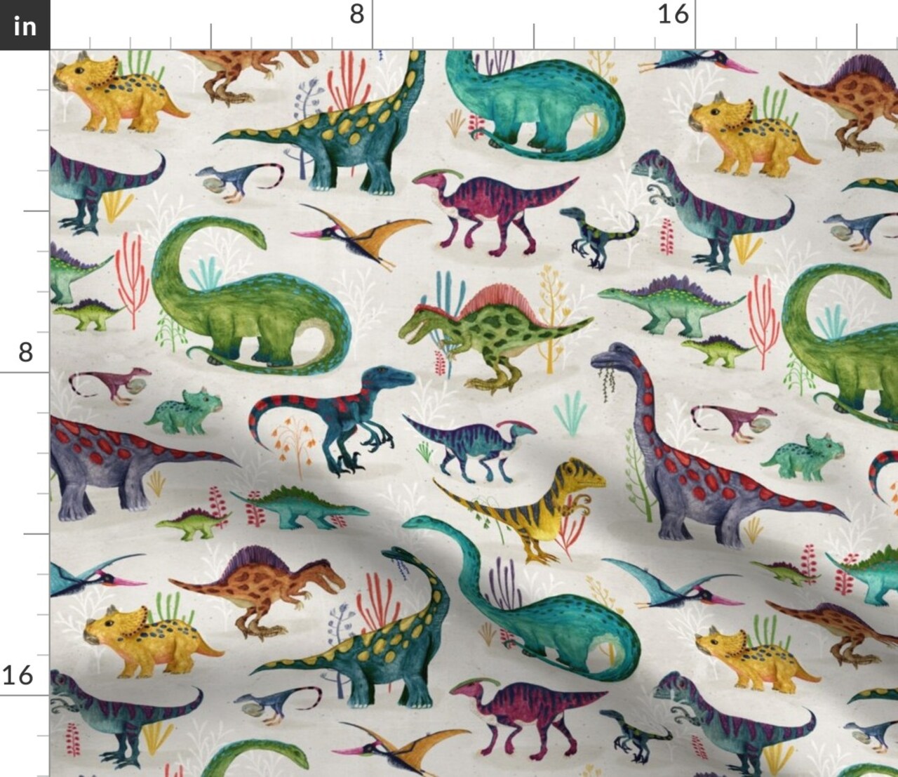 Dinosaur Jurassic Prehistoric Colorful Watercolor Hand Drawn Animals Custom Printed Fabric by Spoonflower Various Fabrics by the Yard or Fat Quarter